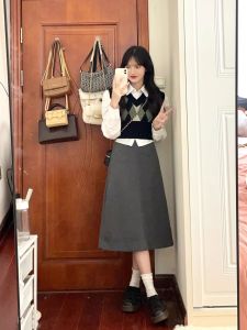 Womens Academy Style Fall Diamond Pattern Short Knit Vest and Long Sleeve Shirt Two-Piece Set for Petite Figures