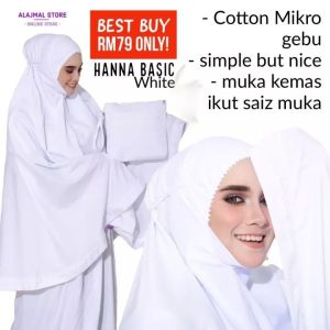 Telekung Hanna Minimalis Putih Cotton Mikro Premium Telekung Travel Puch Bag Telekung Dewasa Sejuk Tak Renyuk Telekung Lembut Gebu