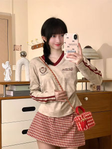 Retro American Striped V-neck Long Sleeve Womens T-shirt Waist-cinching Short Base Shirt Color Block Print Commute Style