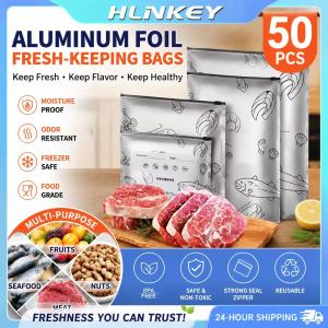 HLINKEY 50PCS Aluminum Foil Fresh-keeping Bags Large Capacity Food Fresh-keeping Bag Leakproof Freezer Safe Kitchen Reusable Zip Lock Bag