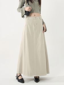กระโปรงยีนส์ทรงเอเอวสูงสีขาว กระโปรงทรงเอยาวคลุมสะโพกสำหรับผู้หญิงในฤดูใบไม้ร่วงและฤดูหนาวไซส์ใหญ่