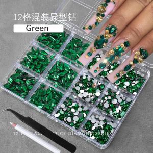 12Grids 3D Emerald Green Nail Art Rhinestones With Pen&Tweezers Mixed-Shape Resin Diamond Nail Decor Luxe Manicure Accessories 1