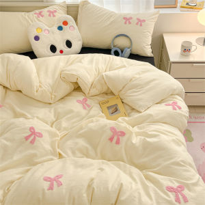 Adorable Girl Washed Cotton Towel Embroidered Powder Butterfly Knot Four-Piece Bedding Set Dormitory Three-Piece Bedding Accessories Bed Canopy