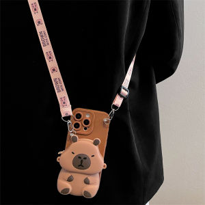 Brown Capybara Phone Case with Lanyard Crossbody Female Full Cover Creative Cartoon XR Anti-fall 16Promax 13 New 17Pro