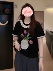 plus Size Lace Trim Black Short Sleeve T-Shirt Women Summer Loose Knitted Top Korean Style Casual round Neck Sweatshirt
