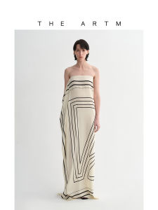 Silk Striped Geometric Print Wrap Halter Dress