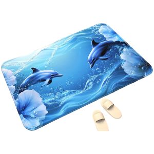 VIKAMA Blue Dolphin Print Home Decor Carpet Non-Slip And Dirt-Resistant Suitable For Entryways And Bathrooms Absorbent Mat