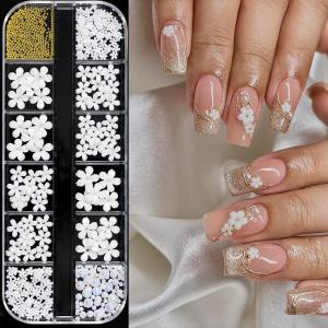 12Grids 3D White Green Acrylic Flower Nail Charms Purple Bow Gold Silver Round Beads Nail Art Decorations Spring Manicure Parts