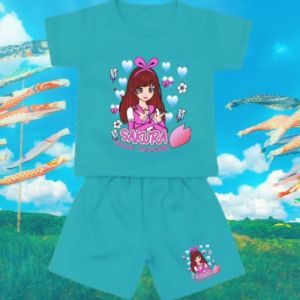 Setelan Anak Usia 1-8 Tahun Sakura Pita Lengan Pendek