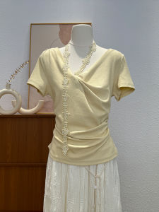 French Lace Short Sleeve T-Shirt Womens Summer Fashion Slimming Versatile Waist-Cut Short Top Elegant V-Neck Moisture Wicking