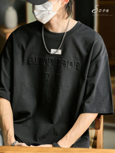 เสื้อยืดคอกลมแขนสั้นผ้าฝ้ายแท้สีดำสำหรับผู้ชาย ทรงหลวม ใส่สบาย สไตล์อเมริกัน เสื้อยืดคอกลมลายตัวอักษรทันสมัย