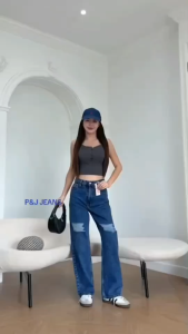 กางเกงยีนส์ ขากระบอกกลาง ฟอกสโนว์ขาดหน้าขา