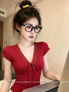 Red Lace Trim V-Neck Shoulder-Fit Summer T-Shirt