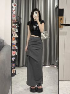 Gray Workwear Half Skirt High Waist Mid-Length Womens plus Size Frock with Slit Casual Commute Style Straight Cut Summer