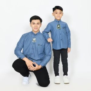 Kemeja polos couple ayah dan anak lengan panjang warna BIRU DENIM