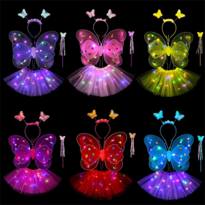 LED Children Costume Props Girls Skirts Angel Luminous Wings Flashing Butterfly Skirt Lights Suit 2-8year
