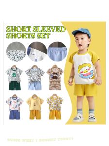 【Local Stock】100% Cotton 2pcs Complete Set for Kids Boys | Cute Bear Print T-Shirt for Kids Boys & Shorts for Boys Kids Summer Pajama Set Sleepwear Kids Tops Casual Homewear