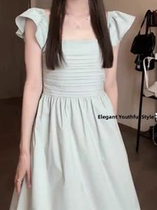 CAOZIMUYI | Tea Dress Flying Sleeve Summer New Arrival Petite Square Neck Fitted Elegant Long Dress