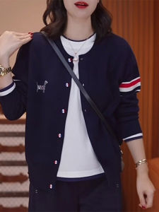 Fashionable Striped Knitwear Jacket Womens Casual Embroidered Patchwork Color Block Open Cardigan Style Warm Thermal Top