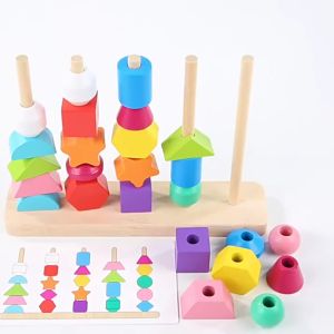 Mumystation Wooden Lacing and Sequencing Beads Set Montessori Toys Stacking and Colour Shape Sorting Cognition Blocks