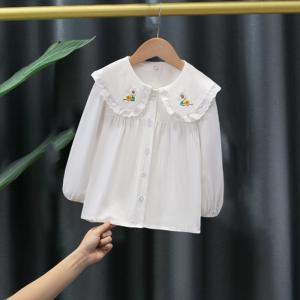 Stylish Girls Shirt Doll Top Spring Autumn Fashion Childrens Long Sleeve Big Collar Cabbage Pattern Chiffon Medium And Large Children