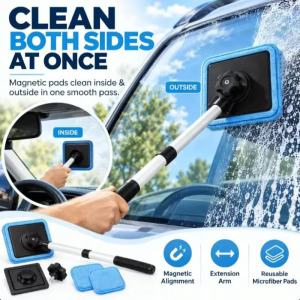 KEBIDU Streak Free Auto Glass Cleaner Mag-netic Double Side Wiper With Long Handle 34cm Strong Suction Car Window Cleaning Brush Soft Microfiber Cloth For Rainy Days Road Trips