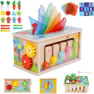 6 in 1 Montessori tissue box toys for babies over 6 months wooden activity cubes puzzles 12-18 months perfect for 1-year-old girl boy gifts toddler Sensory toys 1-3 babys 1st birthday