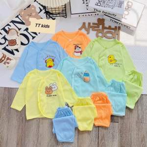Dài chéo Hồng 1 sét 5 bộ quần áo dài tay thun cotton cho bé sơ sinh đến 7 ký