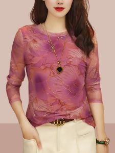 Womens Long Sleeve Mesh Base Shirt Double Layer Spring Autumn Fashionable European Style Top Quality Polyester Fiber T-shirt