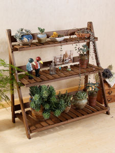 Zakka Multi-Layer Three-Layer Solid Wood Flower Stand Indoor Outdoor Balcony Succulent Widened Foldable Environmental Protection Corrosion Resistant Distressed