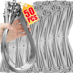 50PCS Metal Cable Ties Stainless Steel Self Locking Fastening Rings Heavy Duty Cables Tie Strap Exhaust Wrap Organizer for Home Office