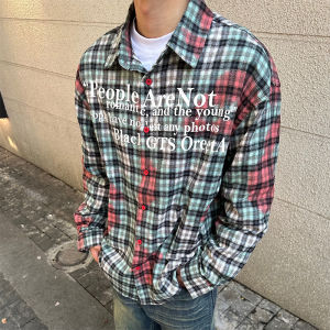 Hy711 Niche Style Fancy Letter Print Loose Gingham Shirt Mens American Retro Street Shirt Coat