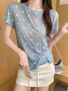 Blue Ice Silk Slim Fit Short Sleeve T-Shirt Womens Fashionable Summer Thin High-End Feelings Commute Style round Neck Top