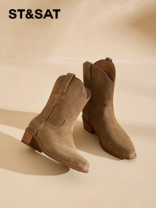 Saturday Vintage Western Boots Womens Autumn New Pointed Toe Short Boots Thick Heel Comfortable Desert Boots Matte Finish