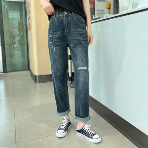 Retro Hole Harlan Denim Jeans Womens Spring Summer New High Waist Loose Belly Cover Nine Points Slimming Cabbage Old Dad Pants