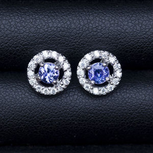 ต่างหูแทนซาไนท์ เกรดสวยพิเศษ ล้อมด้วยเพชร CZ ลูกเกรด 92.5% ชุบทองคำขาว พลอยแท้จากประเทศแทนซาเนีย
