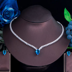 SEQUITO High Grade Platinum Plating Paved AAA Shinning Cubic Zirconia Crystal with Blue Water Drop Pendant Necklace Stud Earrings Sets Women Jewelry Set for Evening Party SJ325