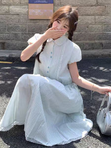 SUSIEYUAN | Váy sọc xanh mùa hè 2025 mới nhỏ gọn phong cách đại học bộ đồ dài đẹp Váy nữ cotton polyester POLO cổ tay ngắn