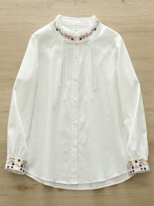 Áo Sơ Mi Cotton Dài Tay Cổ Đứng Thêu Nút Cài Phong Cách Trung Hoa Mới Dành Cho Nữ Mùa Thu 2024 Áo Sơ Mi Cotton Nguyên Chất
