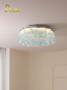Phube Multi-Layer Round Ceiling Chandelier Light Blue Capiz Shell & Clear Crystal Flush Mount Lamp Elegant Luxury Pendant Light for Bedroom Living Room Wedding Home Decor Lighting Fixture