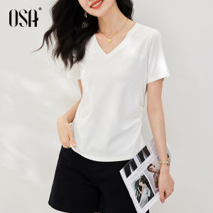 Osa Womens V-neck Short-sleeved T-shirt Cotton Summer New Style Inner Wear Shoulder-length White T-shirt Straight Cut OL Style