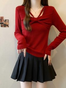 French Butterfly Knot V-neck Red Knitted Long Sleeve Womens Autumn New plus Size Fat MM Inner Shirt Top Loose Style Commute Wind