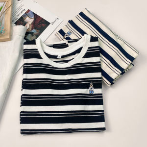 Áo Thun Tay Ngắn Sọc Cotton Rộng Rãi Thời Trang Mùa Hè Cho Nữ Áo Thun Cổ Tròn Thêu Chất Liệu Cotton Nguyên Chất