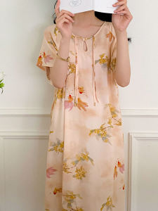 สไตล์ย้อนยุคผ้าฝ้ายผ้าไหมแขนสั้นชุดนอนสําหรับสตรีความยาวกลางหลวม Fit เซ็กซี่จีนเสื้อผ้าผ้าฝ้ายเทียม Crewneck พิมพ์ชุดนอนฤดูร้อน