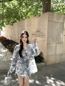 GUZILIAN | Elegant Animal Print Embroidery Loose Shoulder Womens Shirt Design Korean Style A-Line Dress Neck Hanging Autumn Fashion