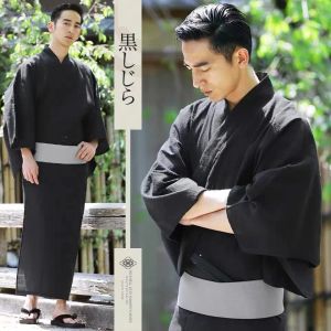 Nam Mùa Hè Màu Đen Samurai Nhật Bản Kimono Yukata Áo Tắm Phong Cách Lỏng Lẻo Xông Hơi Homewear Áo Dài Có Thắt Lưng