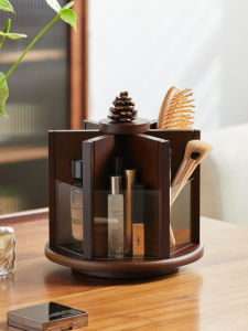 กล่องเก็บของแบบหมุนได้สำหรับเครื่องสำอางและผลิตภัณฑ์ดูแลผิว ชั้นวางเครื่องสำอางแบบไม้สไตล์ย้อนยุค ชั้นวางของแบบลิ่ม