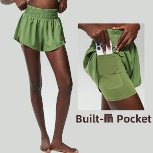 Quick-Drying Dolphin Line High-Waisted Tummy-Control Pseudo Two-Piece Loose Shorts