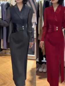 Wedding Party Mom Dress Tailored Collar Dress Womens Split V Neck Dress Festive Ol Business Wear Formal Occasion Plus Size Ladies