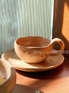 Retro Handmade Ceramic Coffee Cup And Plate Set Cartoon Polka Dot Mugs Dining Utensils Single Ear Handle Kitchen Supplies